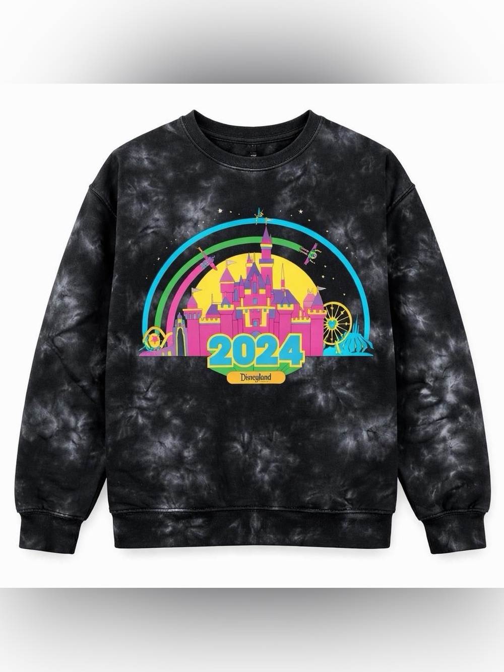 Disney 2024 Black Tie-Dye Crewneck Sweatshirt with Neon Castle Graphic